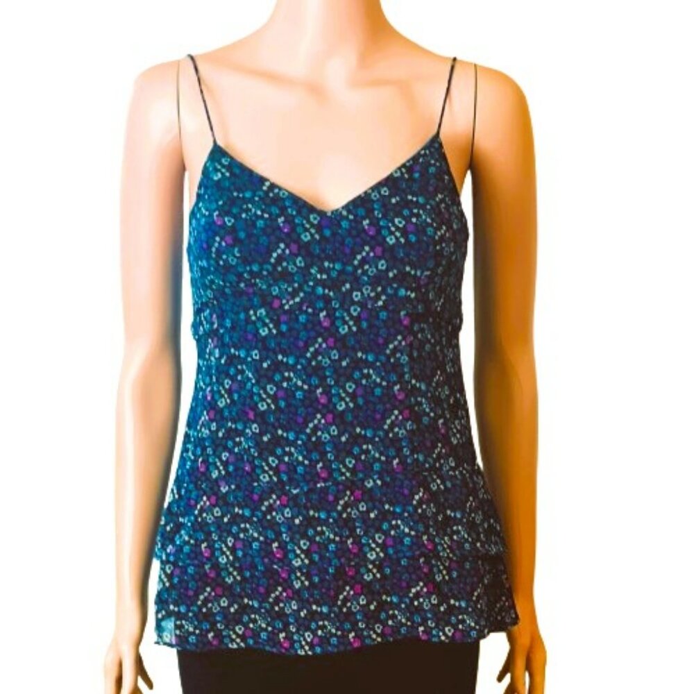 Blue Floral Sheer Layered Top XS American Eagle Lined Shirred Back Tank